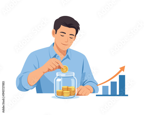Man putting coin in jar with growing financial chart indicating savings growth. A man happily deposits a coin into a glass jar filled with money, symbolizing financial growth and