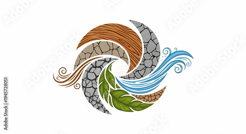 Swirling elements of nature wood, stone, wind, water, earth, and flora
