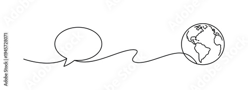 Continuous line drawing of a speech bubble connected to the Earth. A single line art illustration shows a speech bubble flowing into a depiction of planet Earth, symbolizing global
