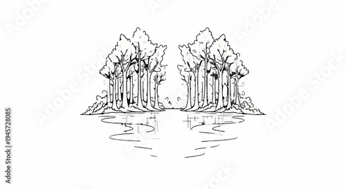 Symmetric forest scene with trees reflected in water