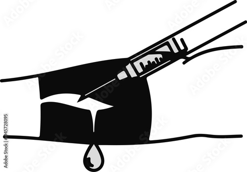 Syringe injecting fluid into a cracked surface, liquid dripping