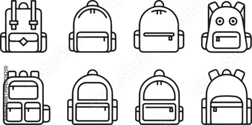 Various backpack designs and styles shown in simple line art illustrations for use in educational or travel themes