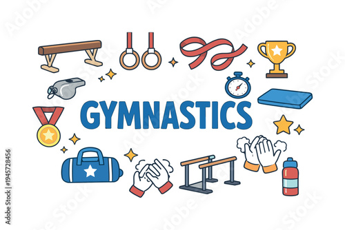Gymnastics sport concept focused on flexibility, balance, and strength training where athletes perform complex routines on mats and apparatus during competitions and practice sessions