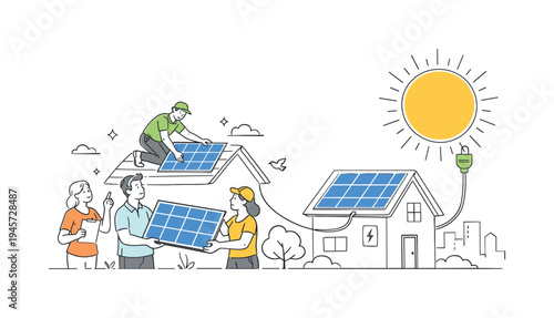 Solar panel installation team working on house roof and home energy system. A diverse group of people are installing solar panels on a house roof, symbolizing renewable energy and