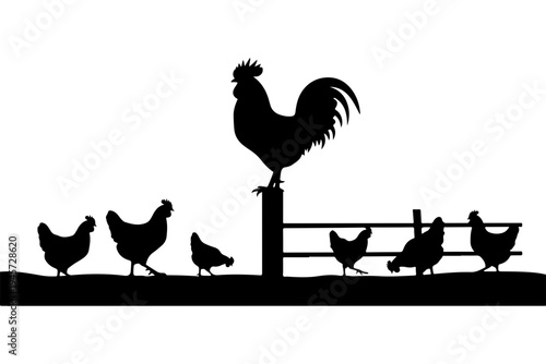 Silhouette of Rooster and Chickens on Fence