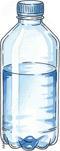 A clear plastic water bottle with a blue cap is shown on a white background.