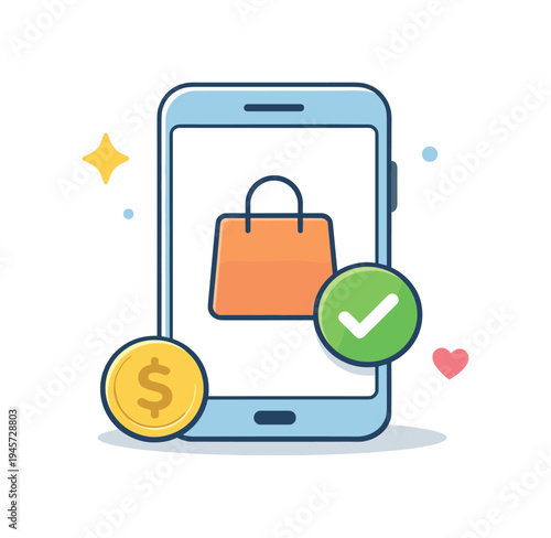 Smart online shopping and convenient digital commerce experience for modern consumers using mobile technology, a smartphone displaying a simple shopping bag icon paired with a small coin and