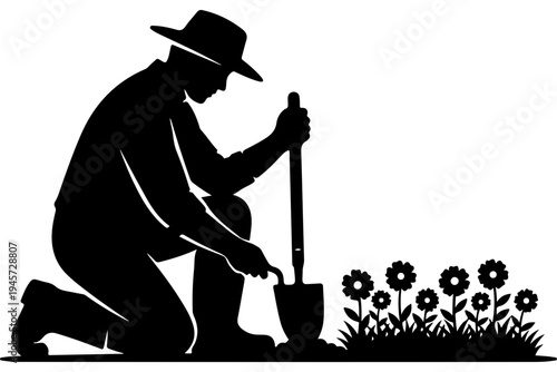 Gardener Tending to Flowers with Shovel
