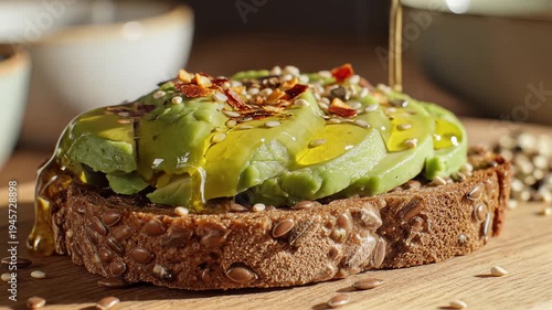 Close up of avocado toast with seeds and drizzle on a wooden surface
