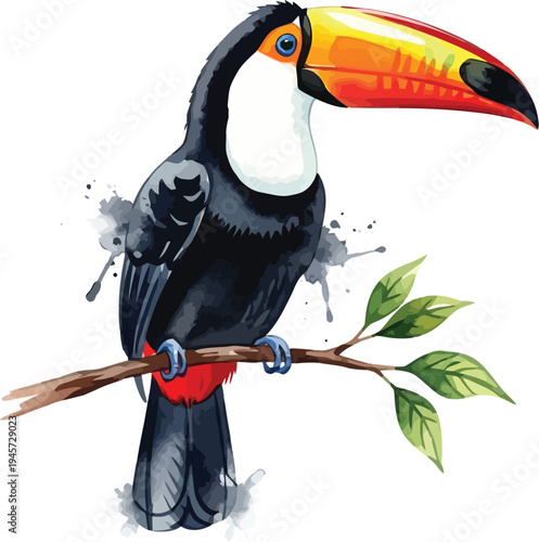 A colorful toucan perched on a branch with green leaves against a white background