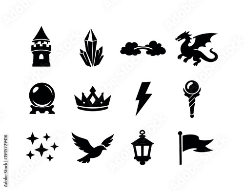 Fantasy icons collection: castle, dragon, crystals, crown, magic staff, and more. A collection of black silhouette icons representing fantasy elements like a castle, dragon