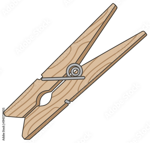 Clothespin wooden laundry clip with metal spring simple household vector icon