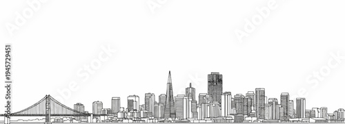 Stylized sketch of a bustling city skyline with a prominent bridge