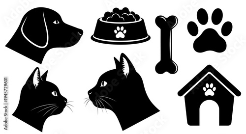 Domestic Pet Animal Care and Veterinary Service Black Silhouette Icons