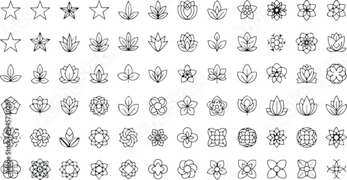Decorative floral and star icon vector set with geometric flower shapes, ornamental blossoms, and outline star symbols isolated on light background