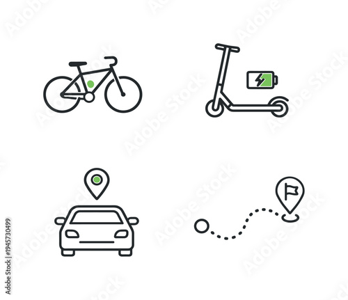 Icons of transportation: bicycle, electric scooter, car, and route planning. A collection of simple line icons representing various modes of transport and navigation tools for