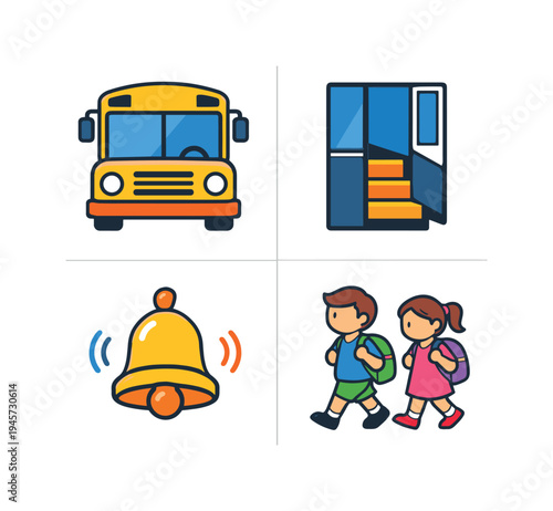 School bus, open doors, ringing bell, and children walking with backpacks. A collection of icons representing school transportation, education, and student life, including a yellow