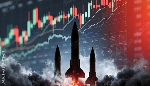 Silhouette of military missiles launching against a dark background of glowing financial stock market charts. Concept of geopolitical tension and economic market volatility.