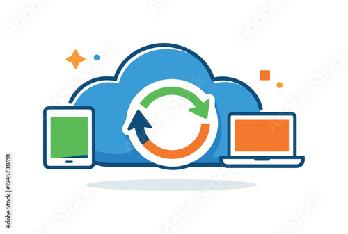 Cloud sync icon with tablet and laptop for data transfer and synchronization. Digital illustration of a blue cloud with a circular arrow symbol, connecting a tablet and a laptop