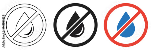 No water drop prohibition icon, vector illustration with black and blue droplet symbols in circular warning design, suitable for waterproof notices, safety signs, product labels, and caution graphics.