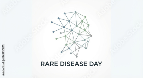 Abstract illustration of a human head profile made of interconnected dots and lines, with the text 'RARE DISEASE DAY' below, symbolizing awareness and research.