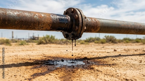 Oil Pipeline Leak in Desert Environment with Dripping Oil
