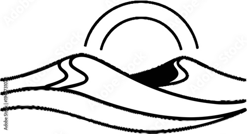 Stylized sand dunes under a double-lined arc representing the sun or moon