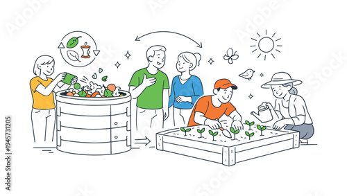 Composting organic waste to grow healthy plants in a garden. A family works together, composting kitchen scraps and garden waste to nurture young seedlings in a raised garden bed