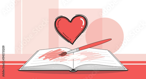Creative Love Art: Open Book with Heart Symbol and Paintbrush