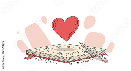 Creative Love Story: Heart Above Open Book with Pencil, Hand-Drawn Style