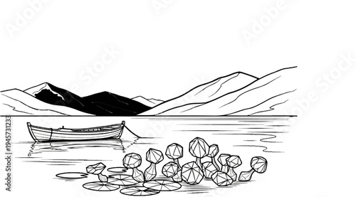 Stylized rowboat on a lake with geometric water plants and mountains