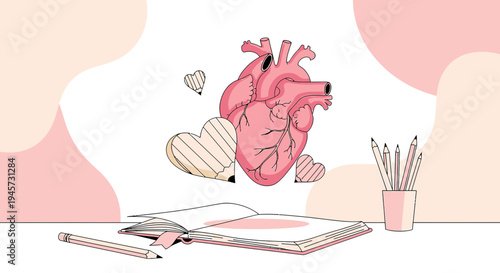 Creative Heart Anatomy Drawing with Pencils and Open Notebook, Pink and White