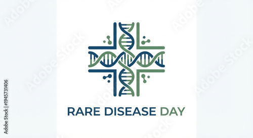 A logo for Rare Disease Day featuring a cross symbol intricately formed by four intertwined DNA double helix strands in blue and green colors.