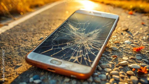 Damaged smartphone with cracked screen rests on a gravel road during sunset