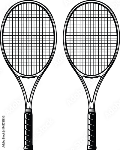 Tennis rackets pair with string detail, classic sports equipment vector illustration isolated on white background for tennis game, training and competition design
