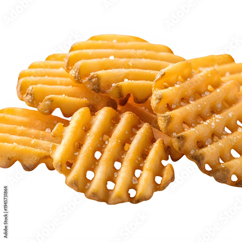 Crispy golden waffle fries stacked together showcasing texture and seasoning on transparent background high quality professional
