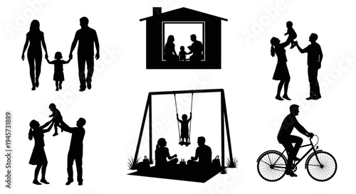 Family Leisure Activities and Happy Life Moments Vector Silhouette Set