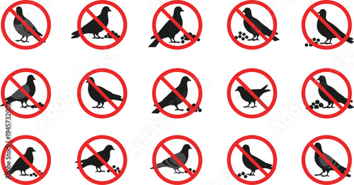 No feeding pigeons prohibition sign set with red forbidden circle over pigeon silhouettes and food crumbs public park wildlife warning vector icons