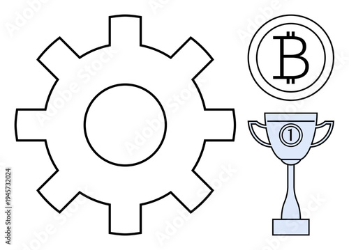 Cryptocurrency concept. Cryptocurrency symbols with a gear and trophy reflect blockchain innovation and rewards. Cryptocurrency as a financial system and digital currency medium. Use for fintech