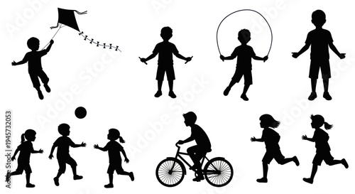 Silhouette Of Children Playing Outdoor Activities Running and Riding Bicycle