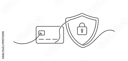Credit card security and protection with shield and lock icon. A minimalist line art illustration depicting a credit card connected to a shield with a lock, symbolizing financial