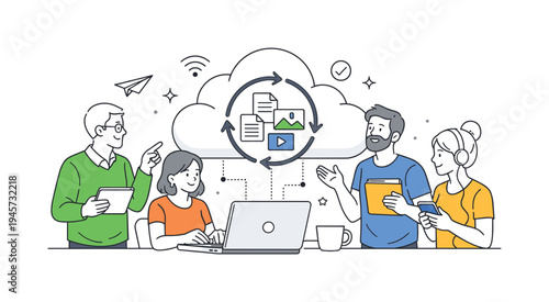 Team collaborating on cloud data synchronization and digital transformation. Diverse group of professionals working together on a laptop, discussing cloud services and data