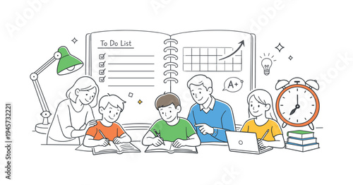 Children studying with teachers and parents, achieving academic success. A supportive learning environment where children are guided by adults, focusing on education and achieving