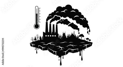 Climate change illustration showing industrial pollution melting land and rising temperatures