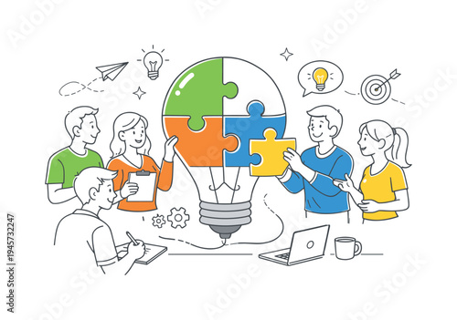 Teamwork and collaboration building a bright idea lightbulb puzzle. Diverse group of people working together to assemble puzzle pieces forming a lightbulb, symbolizing innovation