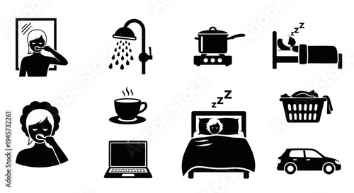 Daily Routine Activities Black Icon Set For Every Day Schedule