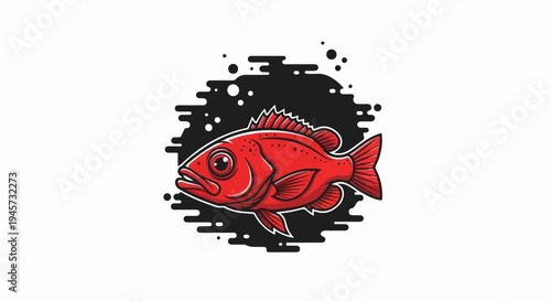 Stylized red fish with bubble-like black background