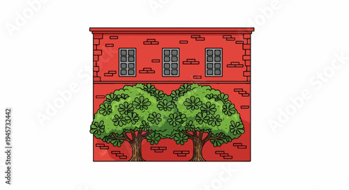 Stylized red brick building facade with lush green trees in front