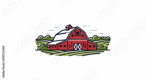 Stylized red barn sits in rolling green fields under a sky of clouds