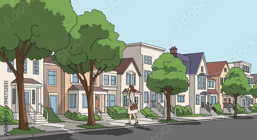 Suburban Street with Houses, Trees, and a Person Walking